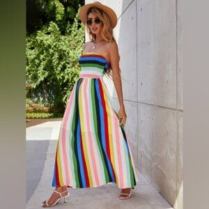 Shein Smocked Rainbow Y2K Beach Resort Strapless Maxi Dress L